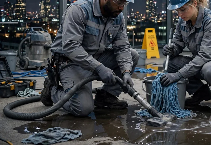 Two workers in hard hats and safety glasses clearing water from a wet concrete floor with a wet vacuum and a mop