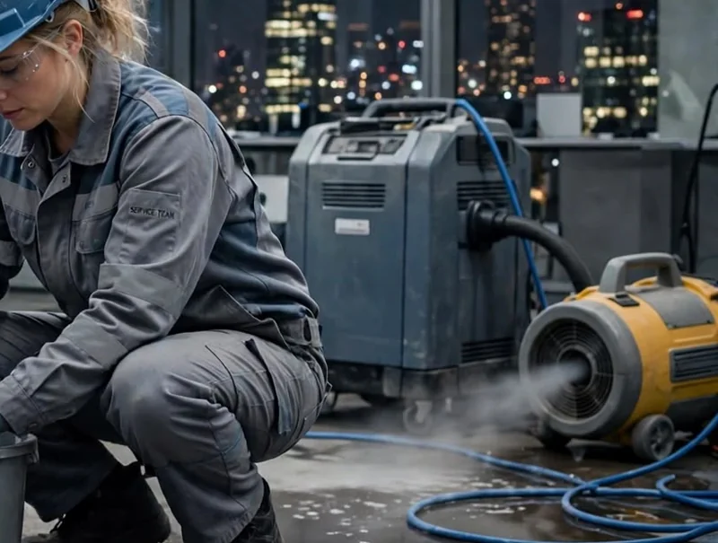A worker in a hard hat kneeling beside a gray dehumidifier and a yellow air mover blowing air across a wet floor at night