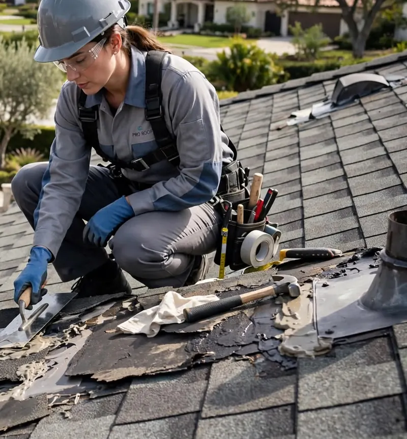 A worker in a hard hat, safety glasses, gloves and a tool belt kneeling on a shingle roof beside damaged shingles and a roof vent