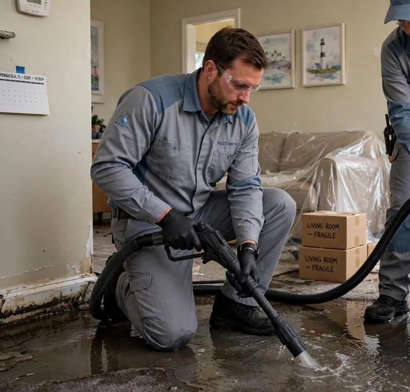 A technician in safety glasses and a gray and blue uniform kneeling in a living room and using a hose on a wet floor