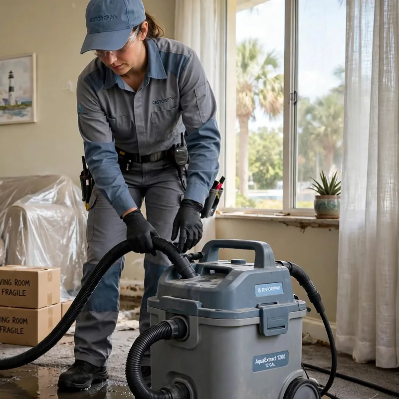 A technician in a gray and blue uniform and a cap pulling a hose attached to a gray wet vacuum on a wet living room floor