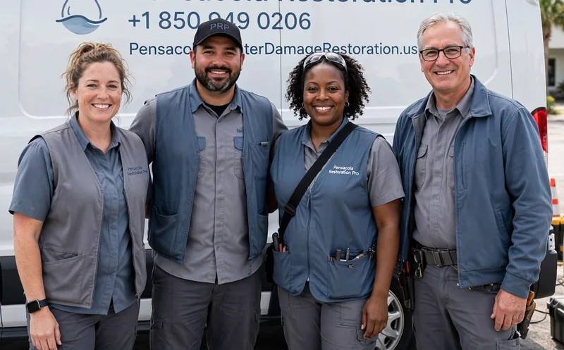 Four people in gray and blue work clothes smiling in front of a white van with a water drop logo