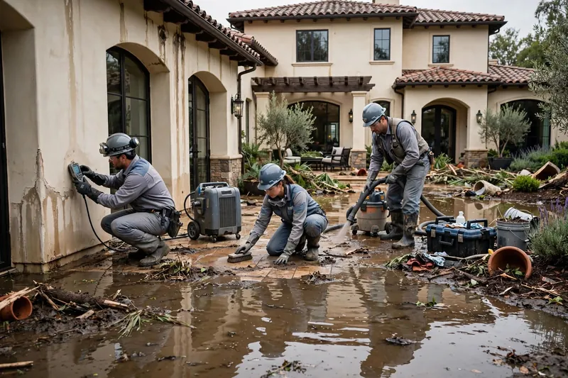 Three workers in hard hats and boots cleaning a flooded stone patio outside a stucco house, with a moisture meter, a dehumidifier, and a wet vacuum